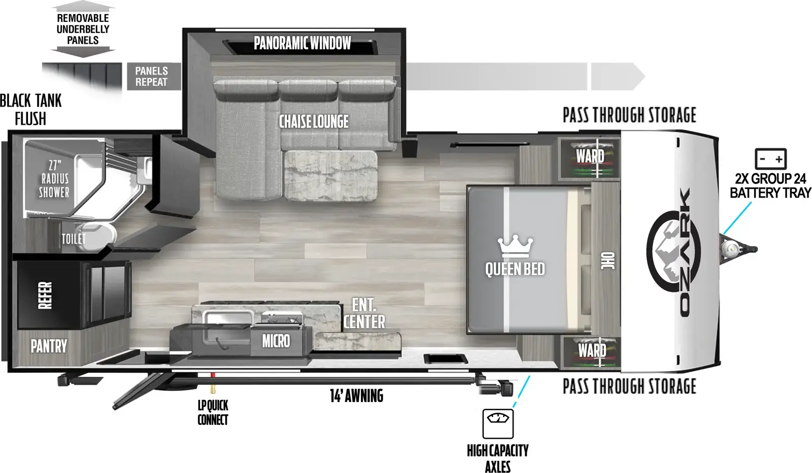 The Ozark 1800QSX has one entry door located near the rear of the vehicle, LP quick connect, outside shouwer. black tank flush, pass-through storage, and 14' awning on the exterior. There is one slide room on the off-door side. Inside, the front of the unit contains a 60" x 74" queen bed placed parallel to the length of the unit, with wardrobe cabinets and room to stand on either side of the bed and cabinets mounted overhead. The right wall is a slide room containing a convertible chaise loung with storage and a removeable table. The left wall contains a TV that faces the opposite wall, along with the kitchen area that includes stovetop, oven, and sink, with cabinets and a microwave mounted above. The left rear corner contains a closet and 11 cubic foot refrigerator. The left rear corner is the bathroom with a corner angled shower, sink, medicine cabinet, and commode. There are 110v outlets and USB chargers located throughout the RV.